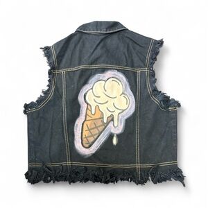 Cropped Frayed Denim Vest with Hand Painted Ice Cream Cone Design
